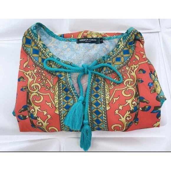 Urban Coco Sz L Floral Scarf Print Tassel Shift Tunic Dress Teal Turquoise - Picture 3 of 6